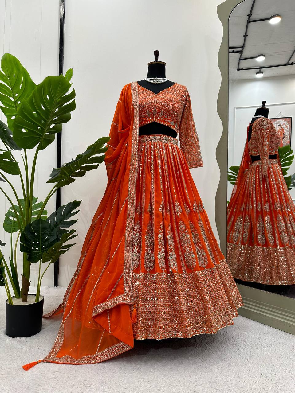 Orange Color Georgette Sequence Thread Work Lehenga Choli