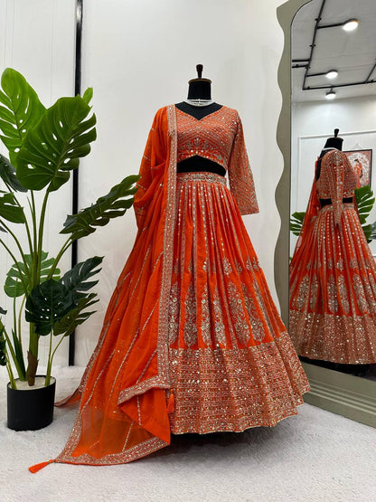 Orange Color Georgette Sequence Thread Work Lehenga Choli