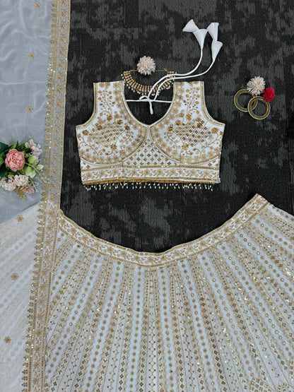 Wedding Wear White Color Georgette Sequence Work Lehenga Choli