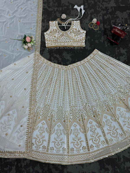 Wedding Wear White Color Georgette Sequence Work Lehenga Choli