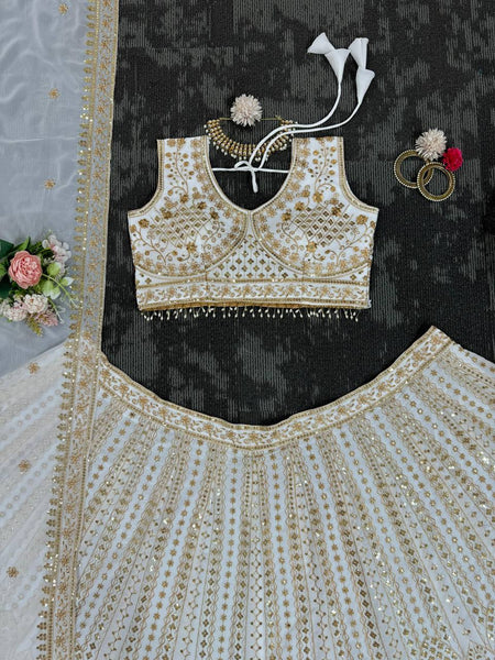 Wedding Wear White Color Georgette Sequence Work Lehenga Choli