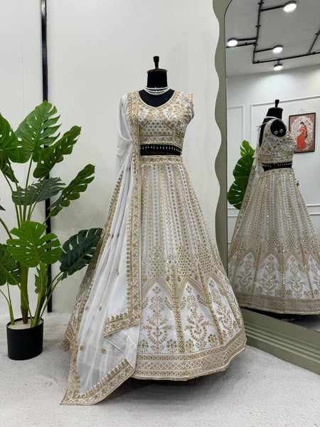 Wedding Wear White Color Georgette Sequence Work Lehenga Choli