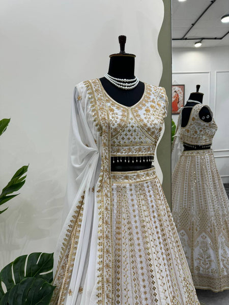 Wedding Wear White Color Georgette Sequence Work Lehenga Choli