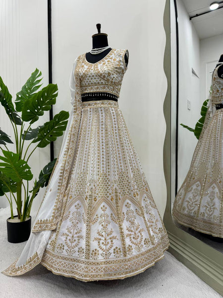 Wedding Wear White Color Georgette Sequence Work Lehenga Choli