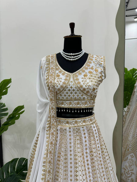 Wedding Wear White Color Georgette Sequence Work Lehenga Choli