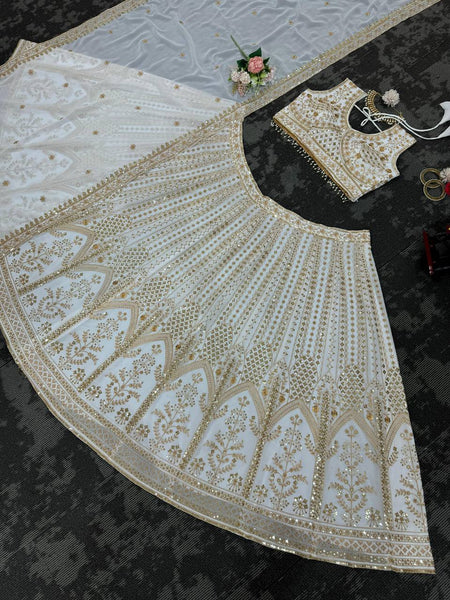 Wedding Wear White Color Georgette Sequence Work Lehenga Choli