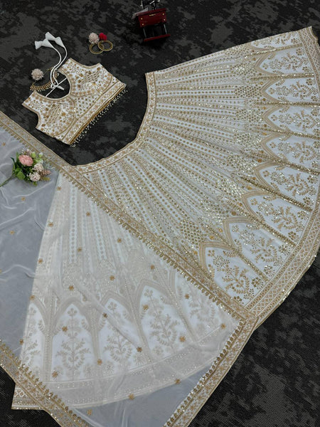 Wedding Wear White Color Georgette Sequence Work Lehenga Choli