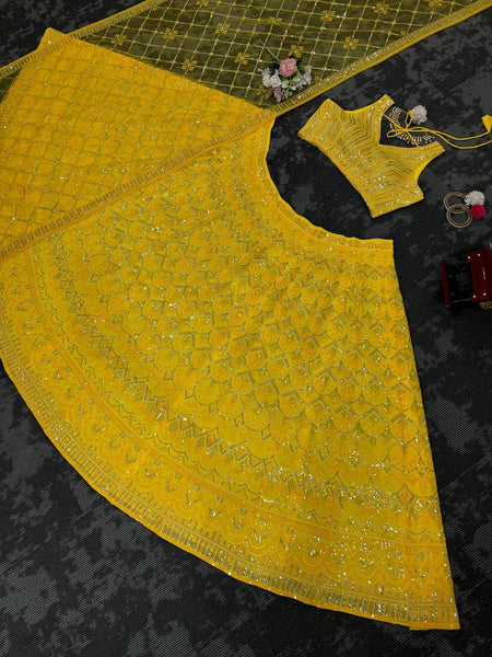 Wedding Wear Yellow Color Georgette Sequence Work Lehenga Choli