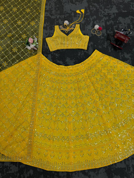 Wedding Wear Yellow Color Georgette Sequence Work Lehenga Choli