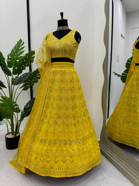 Wedding Wear Yellow Color Georgette Sequence Work Lehenga Choli