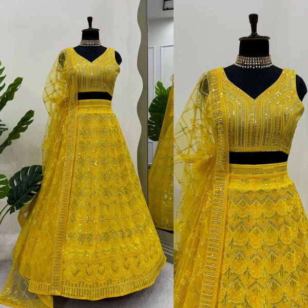 Wedding Wear Yellow Color Georgette Sequence Work Lehenga Choli