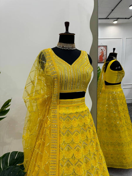Wedding Wear Yellow Color Georgette Sequence Work Lehenga Choli