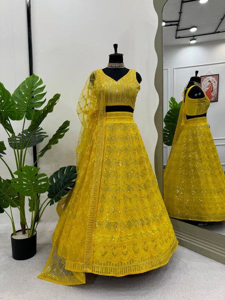 Wedding Wear Yellow Color Georgette Sequence Work Lehenga Choli