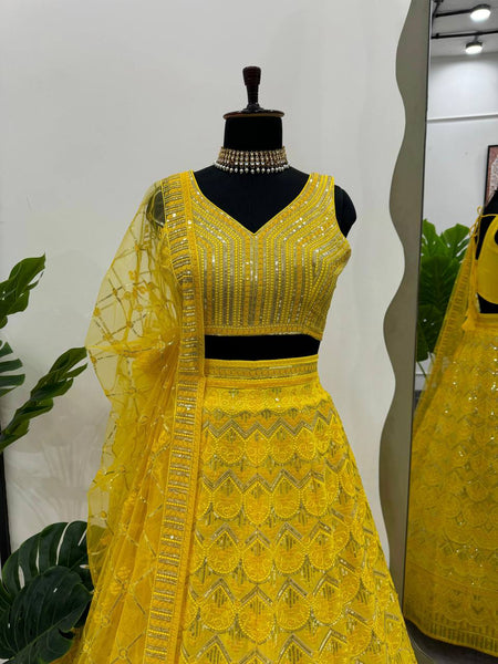 Wedding Wear Yellow Color Georgette Sequence Work Lehenga Choli