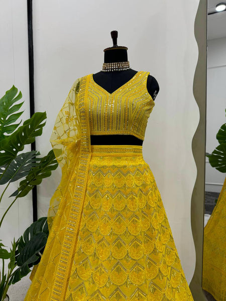 Wedding Wear Yellow Color Georgette Sequence Work Lehenga Choli