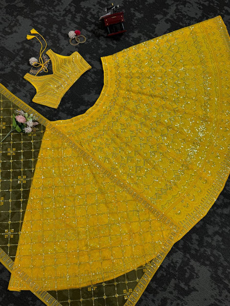 Wedding Wear Yellow Color Georgette Sequence Work Lehenga Choli