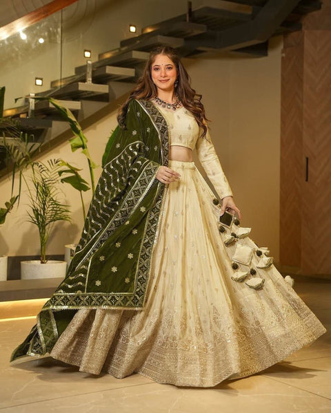 Latest Cream Color Chinon Silk Sequence Work Lehenga Choli