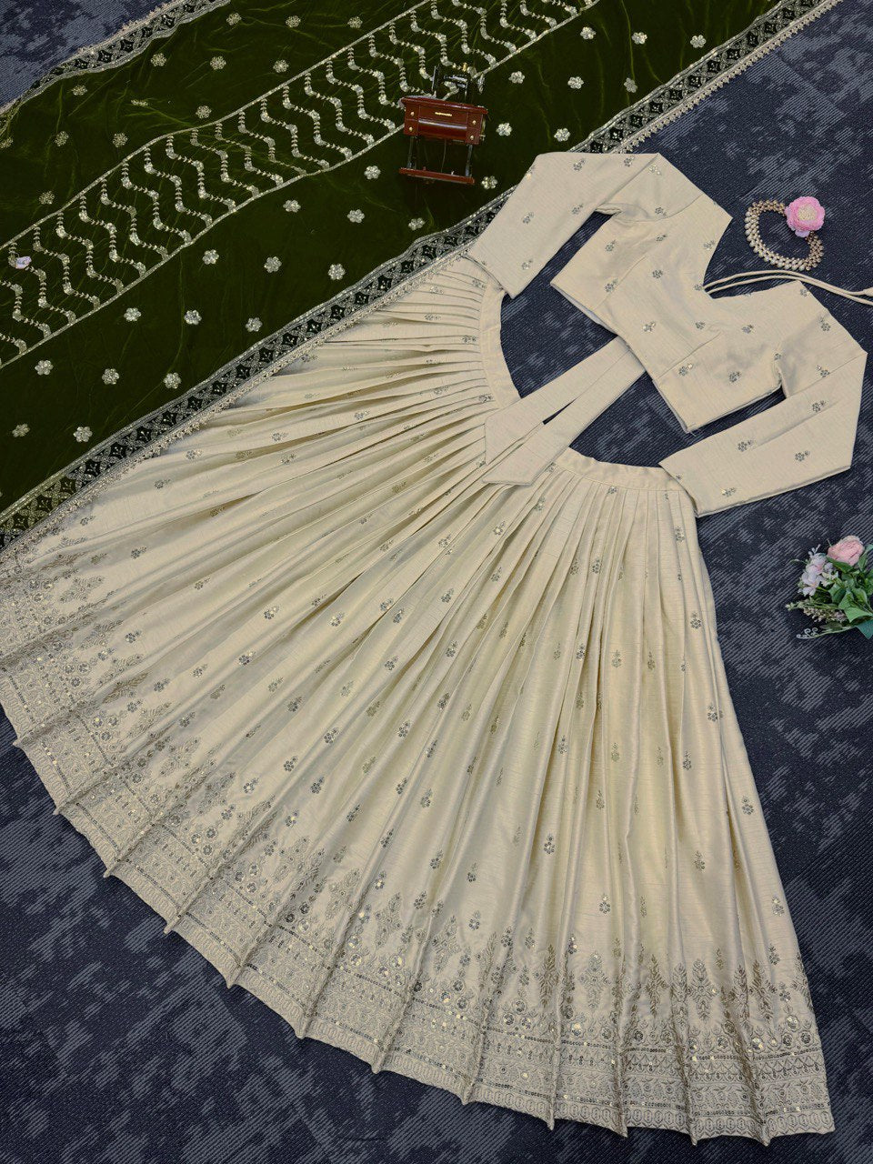 Latest Cream Color Chinon Silk Sequence Work Lehenga Choli