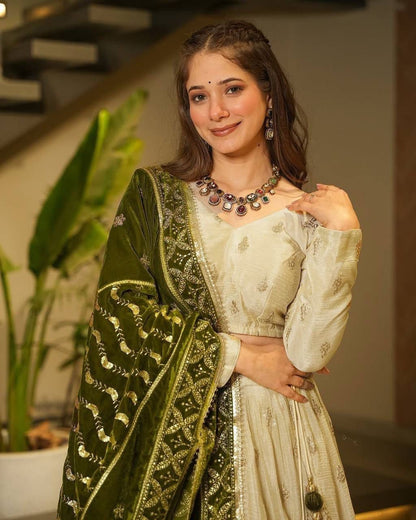 Latest Cream Color Chinon Silk Sequence Work Lehenga Choli