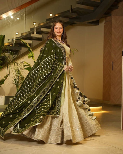 Latest Cream Color Chinon Silk Sequence Work Lehenga Choli
