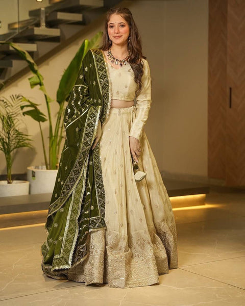 Latest Cream Color Chinon Silk Sequence Work Lehenga Choli