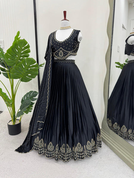 Black Satin Silk Real Mirror Work Lehenga Choli