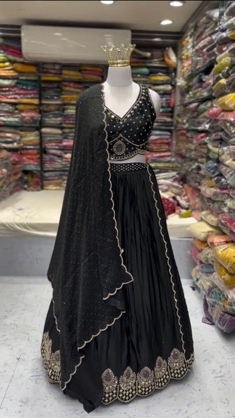 Black Satin Silk Real Mirror Work Lehenga Choli