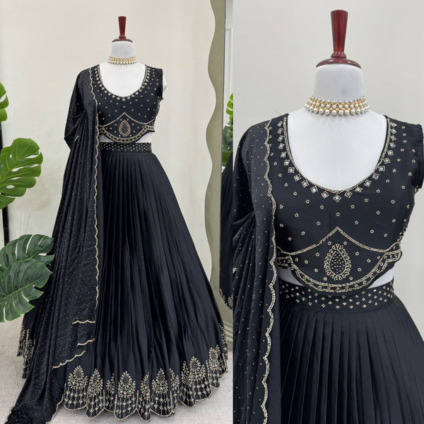 Black Satin Silk Real Mirror Work Lehenga Choli