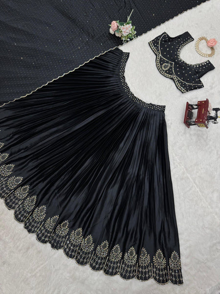 Black Satin Silk Real Mirror Work Lehenga Choli