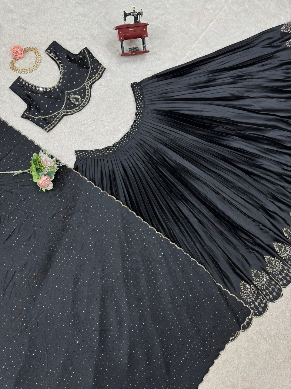 Black Satin Silk Real Mirror Work Lehenga Choli