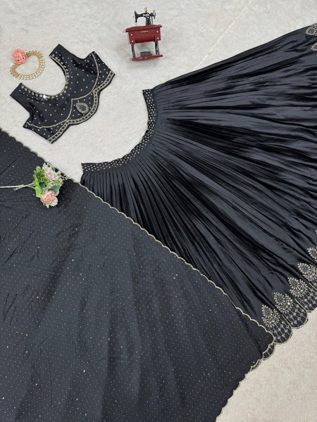 Black Satin Silk Real Mirror Work Lehenga Choli