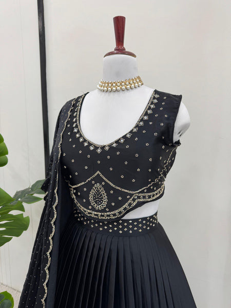 Black Satin Silk Real Mirror Work Lehenga Choli