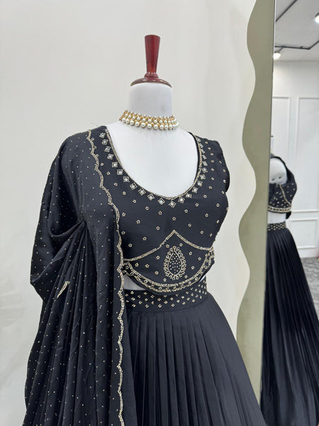 Black Satin Silk Real Mirror Work Lehenga Choli