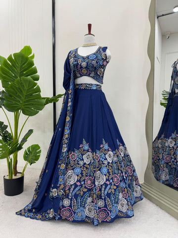 Blue Color Chinon Silk Sequence Wedding Wear Lehenga Choli