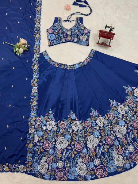 Blue Color Chinon Silk Sequence Wedding Wear Lehenga Choli