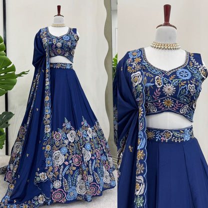Blue Color Chinon Silk Sequence Wedding Wear Lehenga Choli