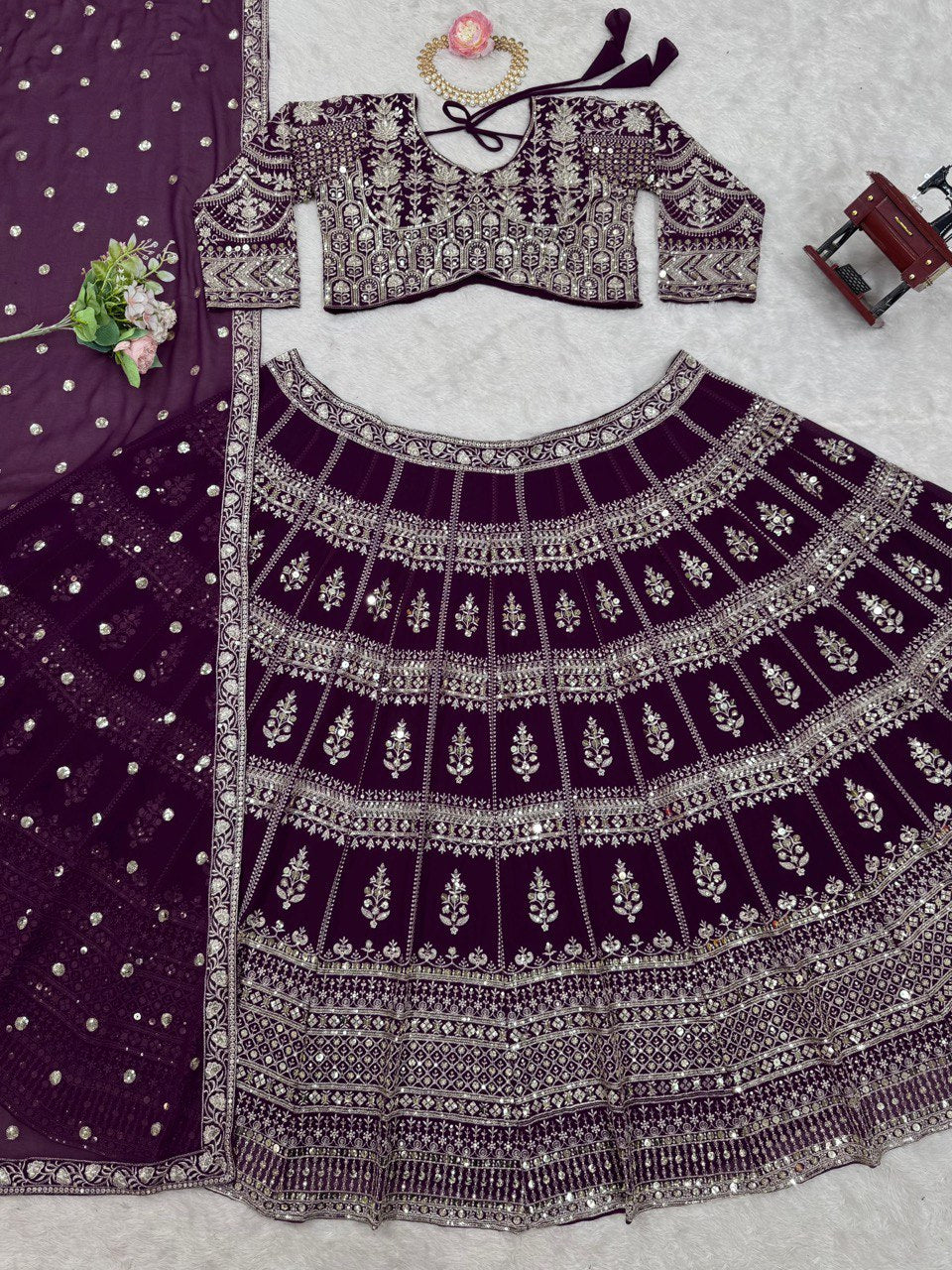 Wine Color Georgette Sequence Thread Work Lehenga Choli