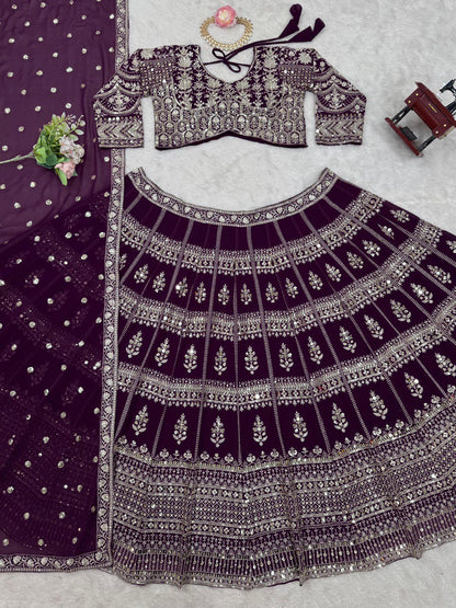 Wine Color Georgette Sequence Thread Work Lehenga Choli