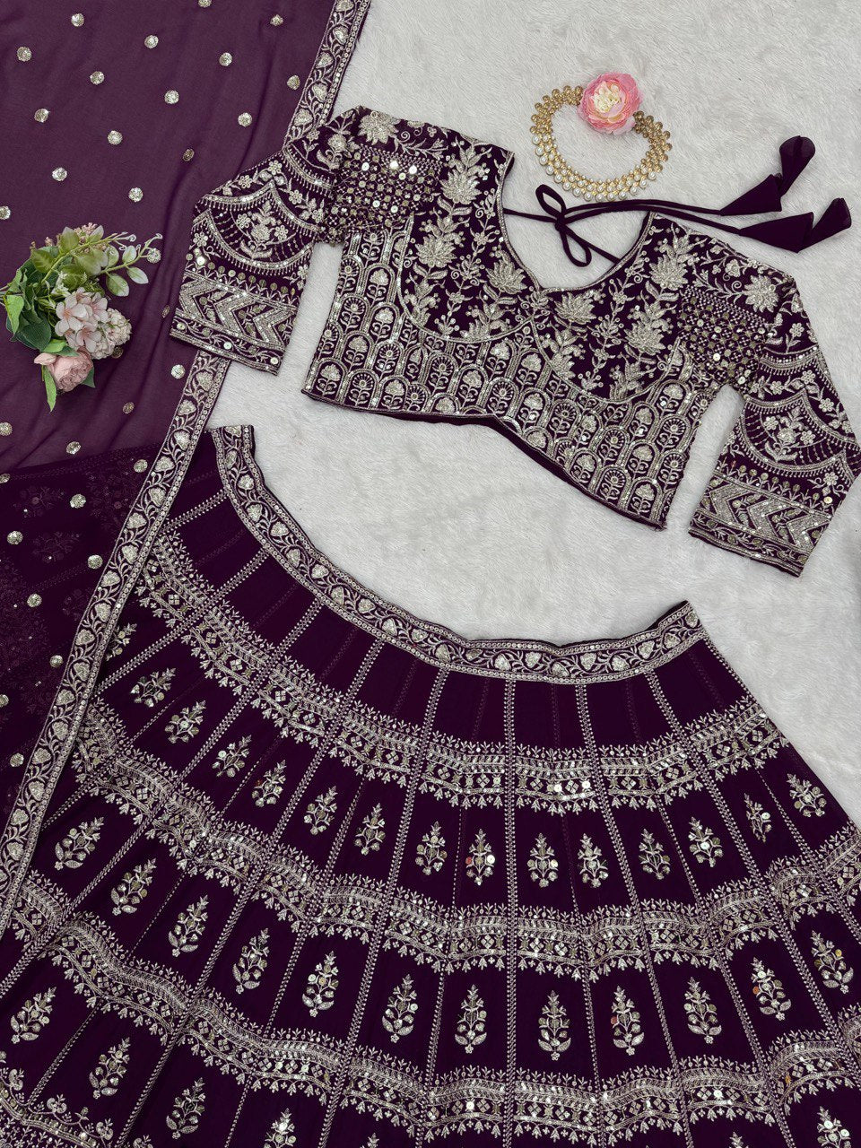 Wine Color Georgette Sequence Thread Work Lehenga Choli