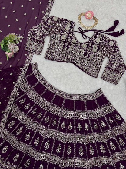 Wine Color Georgette Sequence Thread Work Lehenga Choli