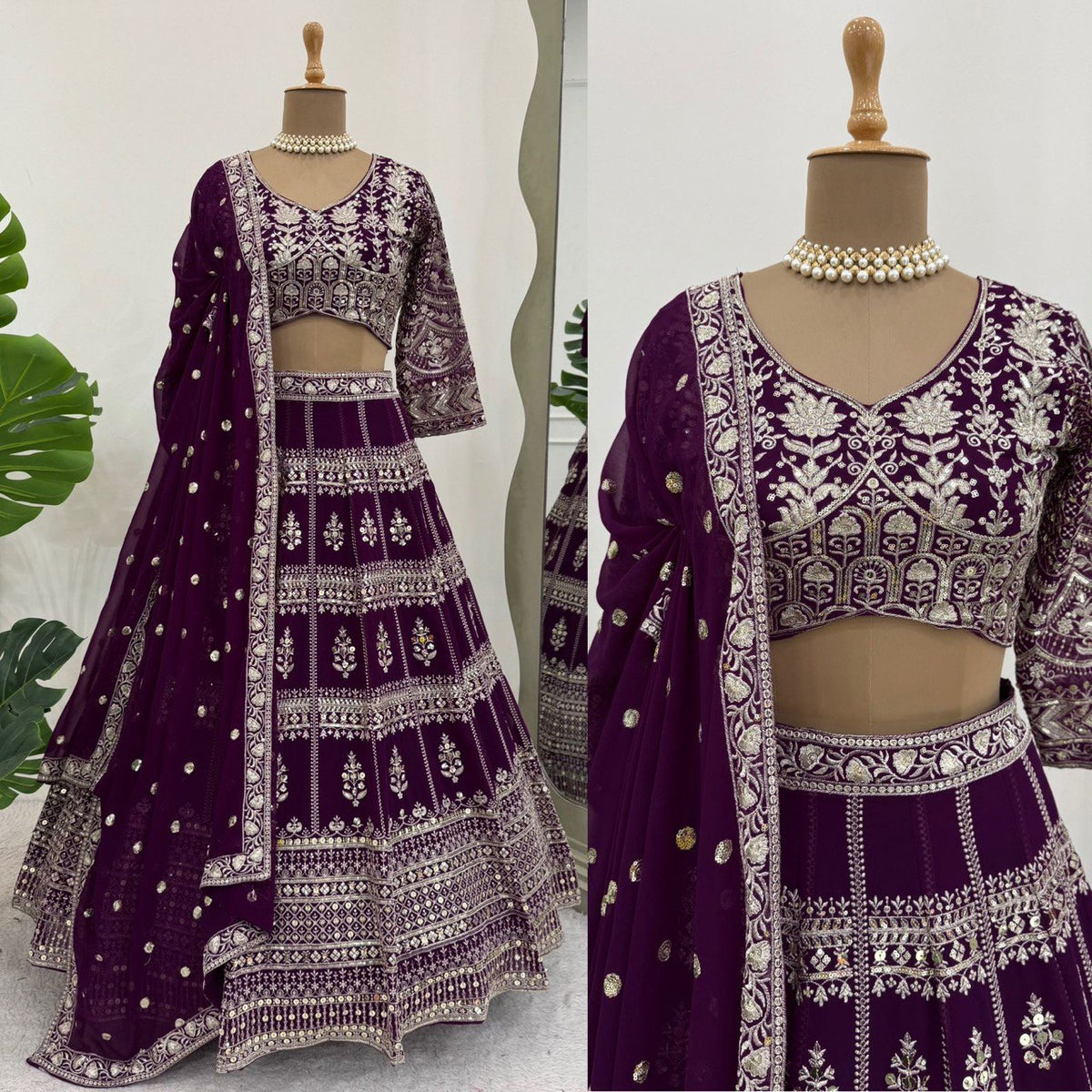 Wine Color Georgette Sequence Thread Work Lehenga Choli