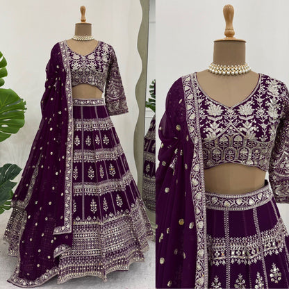 Wine Color Georgette Sequence Thread Work Lehenga Choli
