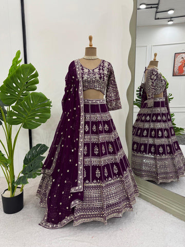 Wine Color Georgette Sequence Thread Work Lehenga Choli