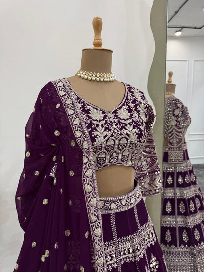 Wine Color Georgette Sequence Thread Work Lehenga Choli