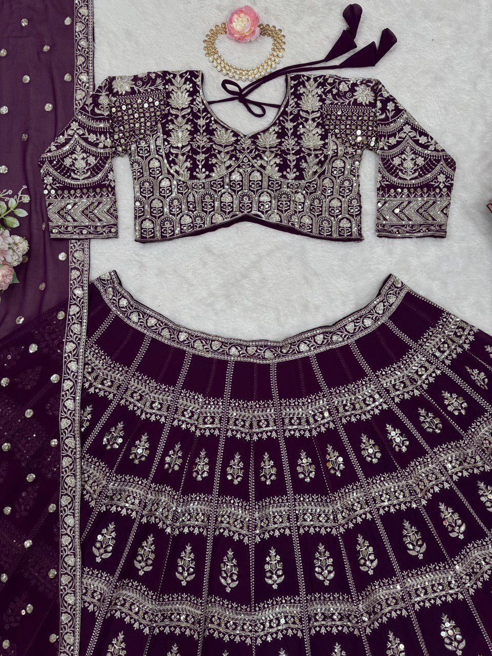 Wine Color Georgette Sequence Thread Work Lehenga Choli