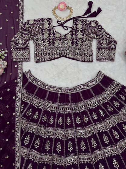 Wine Color Georgette Sequence Thread Work Lehenga Choli