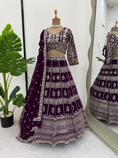 Wine Color Georgette Sequence Thread Work Lehenga Choli