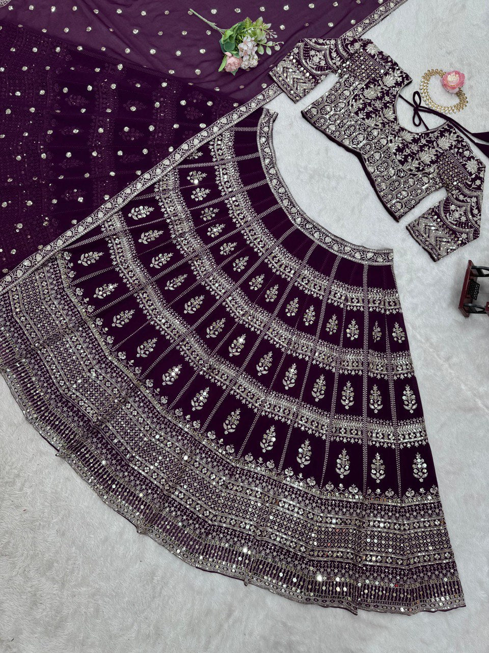 Wine Color Georgette Sequence Thread Work Lehenga Choli