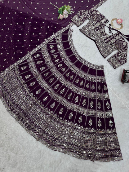 Wine Color Georgette Sequence Thread Work Lehenga Choli