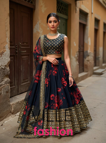 Black Color Organza Printed Sequence Lehenga Choli